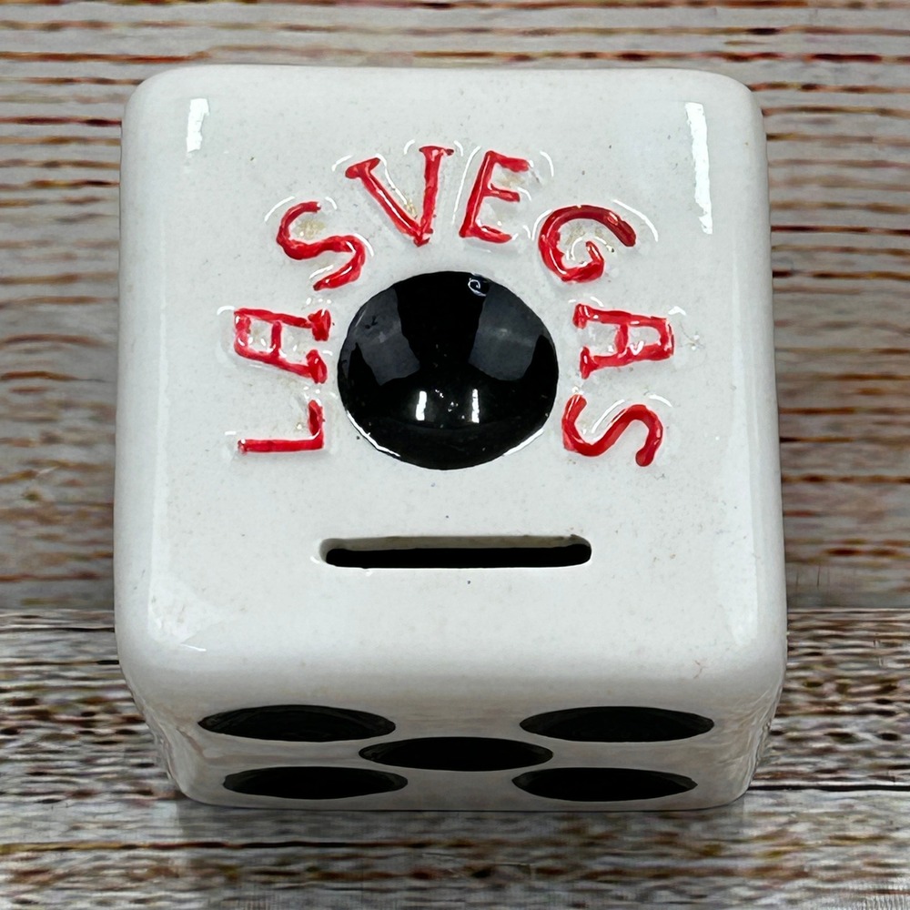 Vintage Las Vegas Ceramic Dice Coin Bank White Black Red Made in Korea 3 Inch